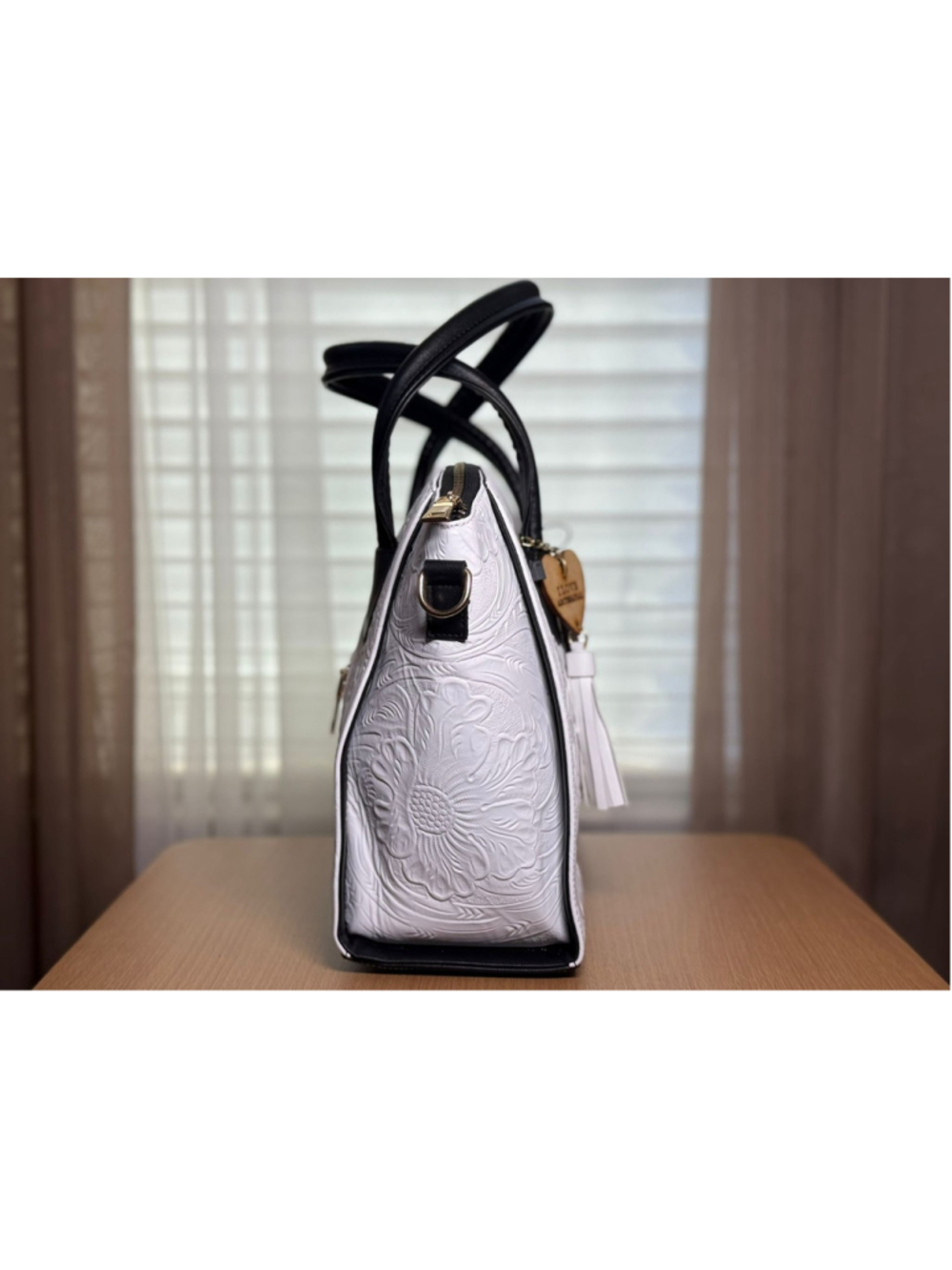 Black and White Embossed Tooled Artisan LEATHER Bag Purse Bolsa Artesanal Mexico - Picture 7 of 14